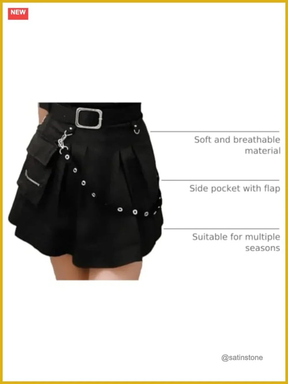 Pleated Mini Skirt High Waisted with Chain and Pocket